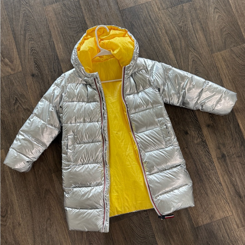Silver Puffer Coat with Bright Yellow Lining